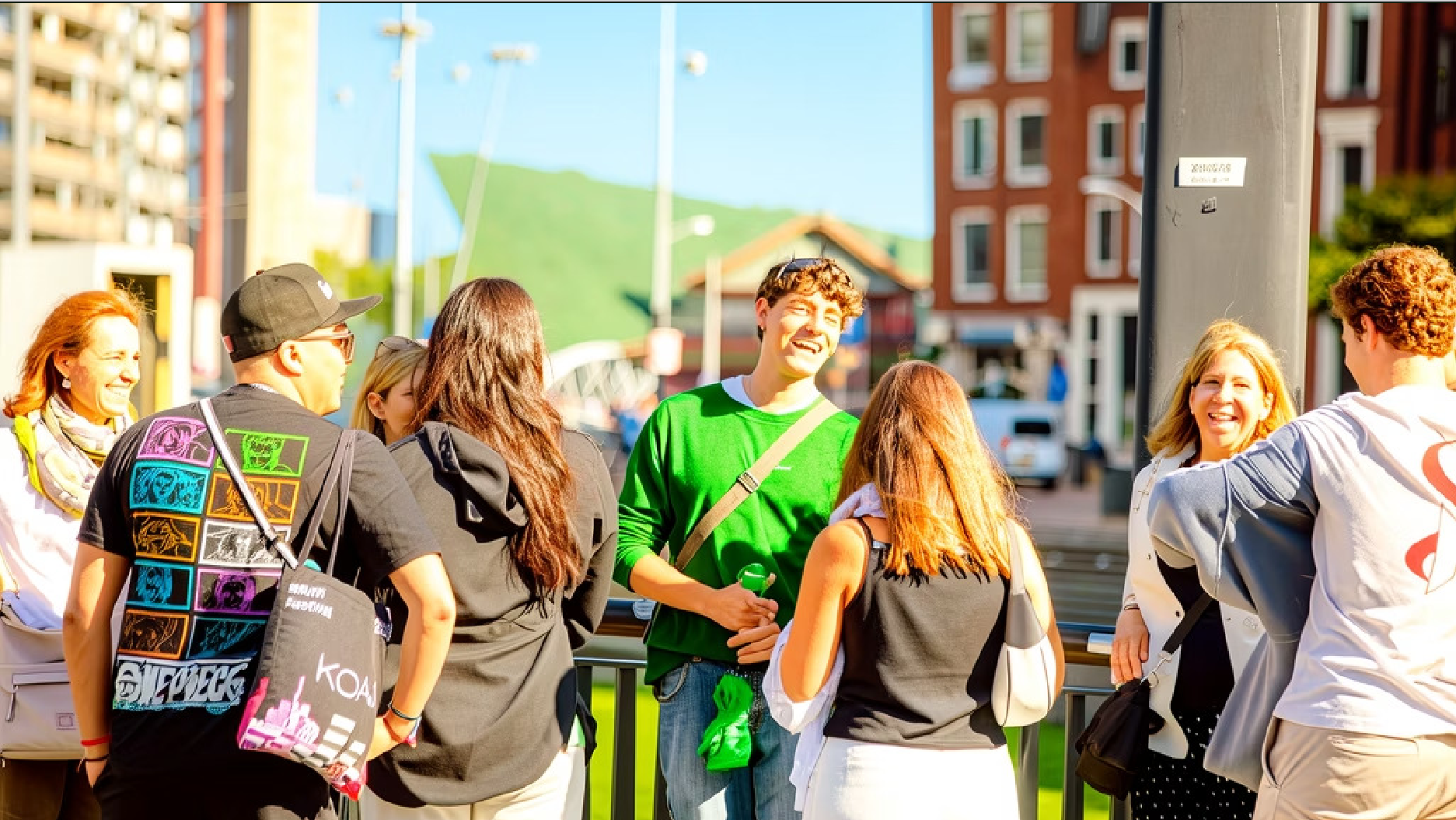 Camaleon-gids in het groen met een Spaanstalige groep in Amsterdam