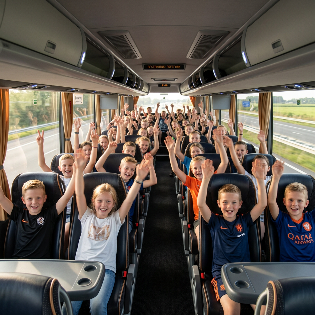 Vrolijke klas met opgestoken handen in de touringcar onderweg naar het schoolreisje